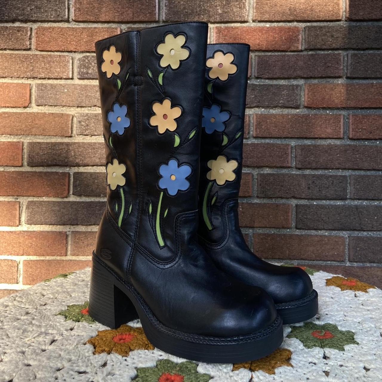 Rare 90s chunky flower leather platform boots with. Depop