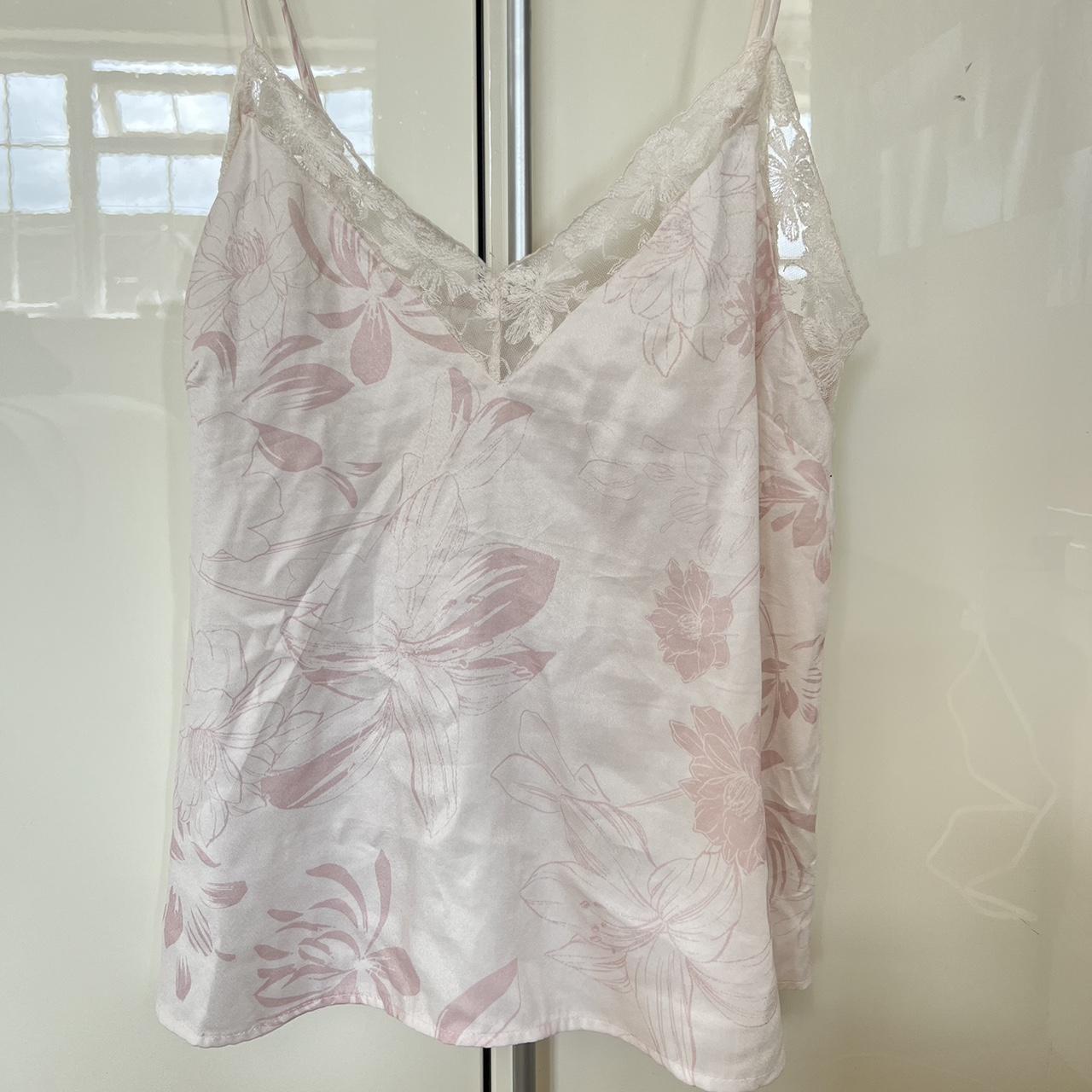 Pink Satin Lace Floral Cami Pale Pink With Flower - Depop