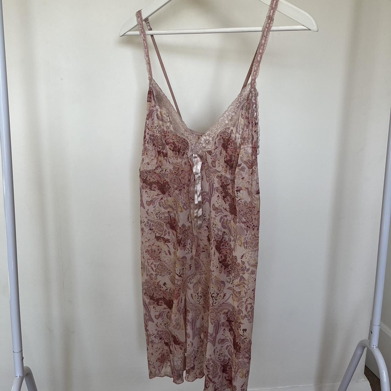 Vintage pink slip mini dress with floral pattern,... - Depop