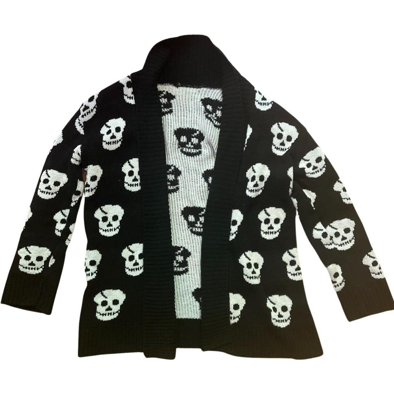 Black and white knitted skull cardigan Black... - Depop