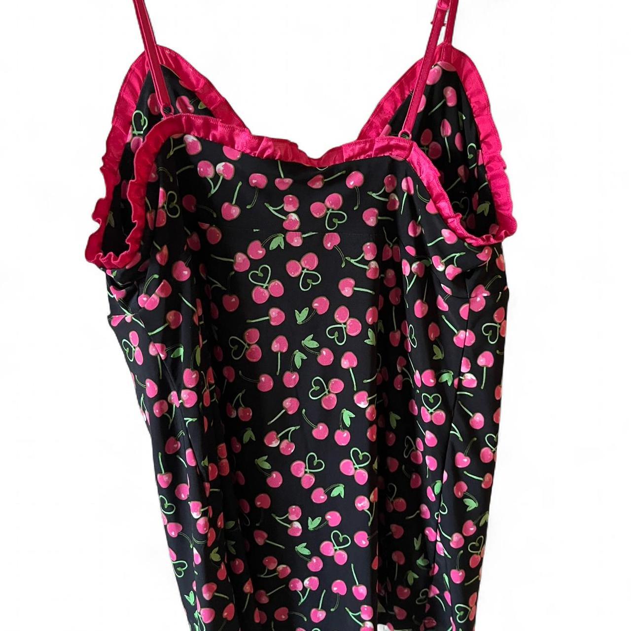 キャミソール Lace Piping Cherry Motif Cami Our Kawaii Cherry Print Contrast Lace Bow Decor Babydoll