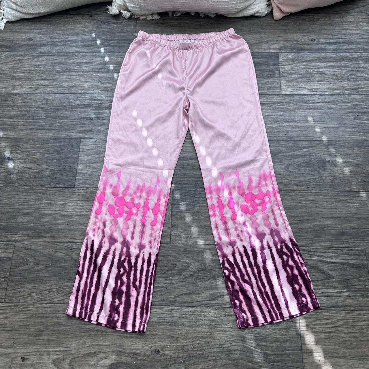 Girls baby pink satin pants with tie dyed leg detail... - Depop