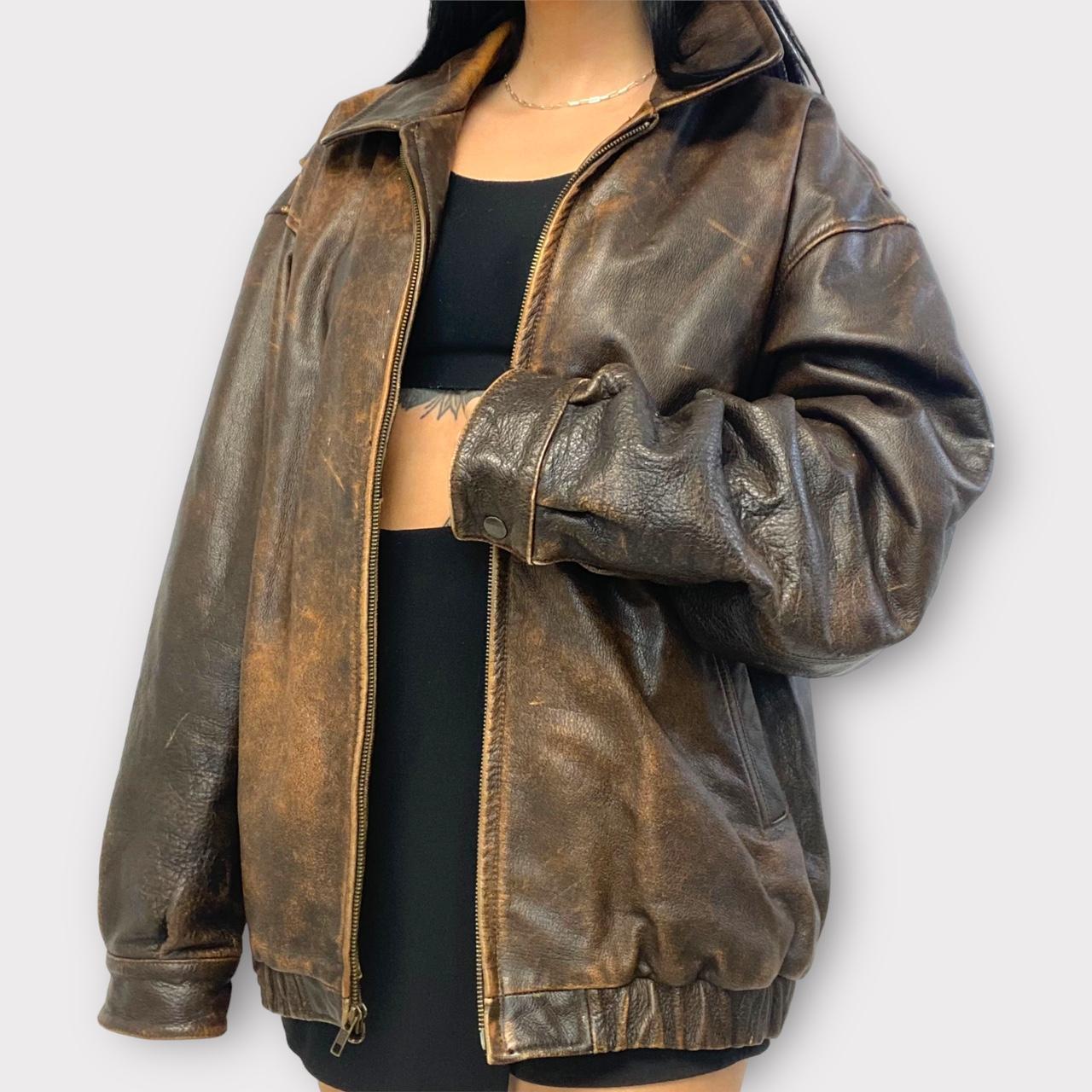 90’s oversized distressed brown leather bomber... - Depop