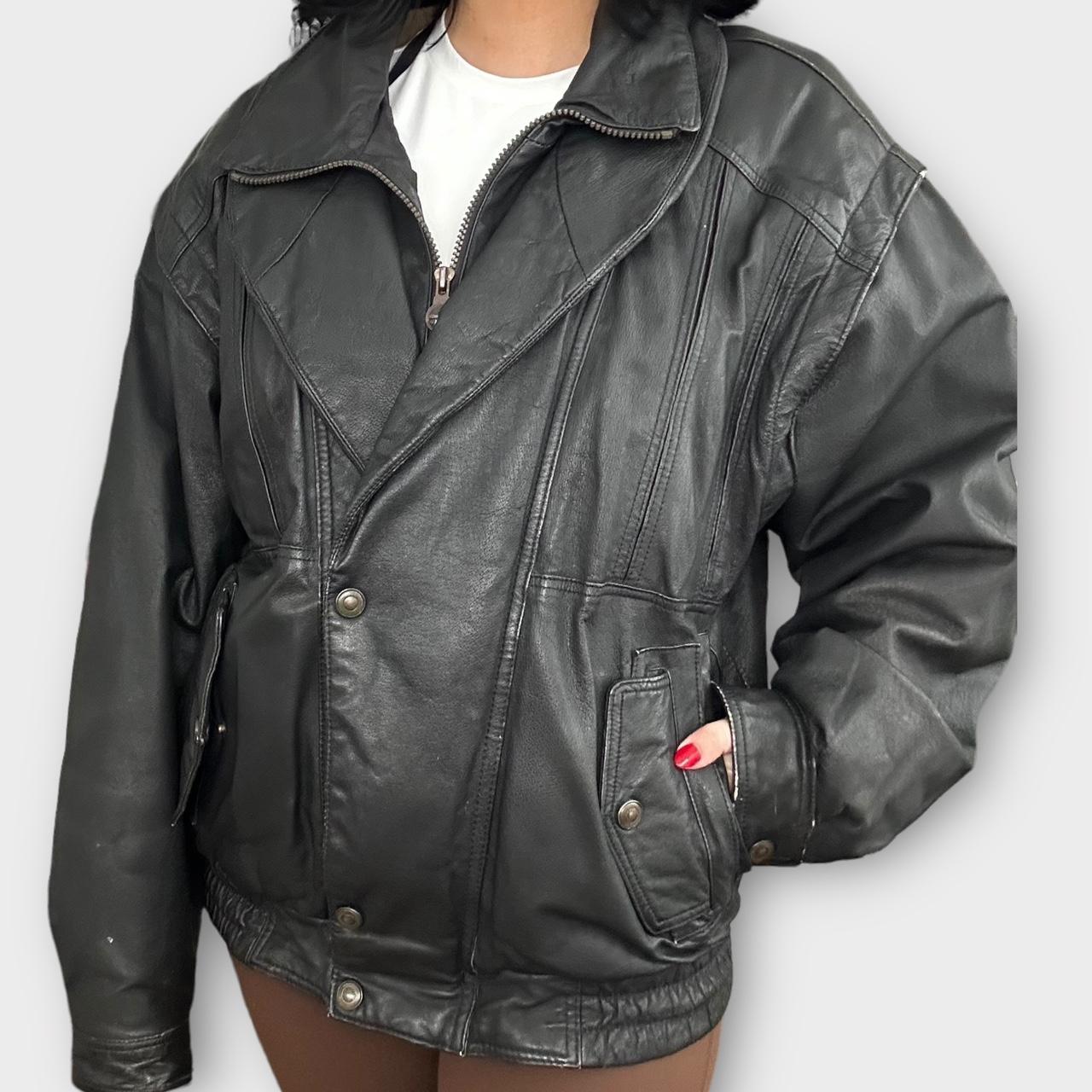 90’s black oversized leather bomber jacket Size... - Depop