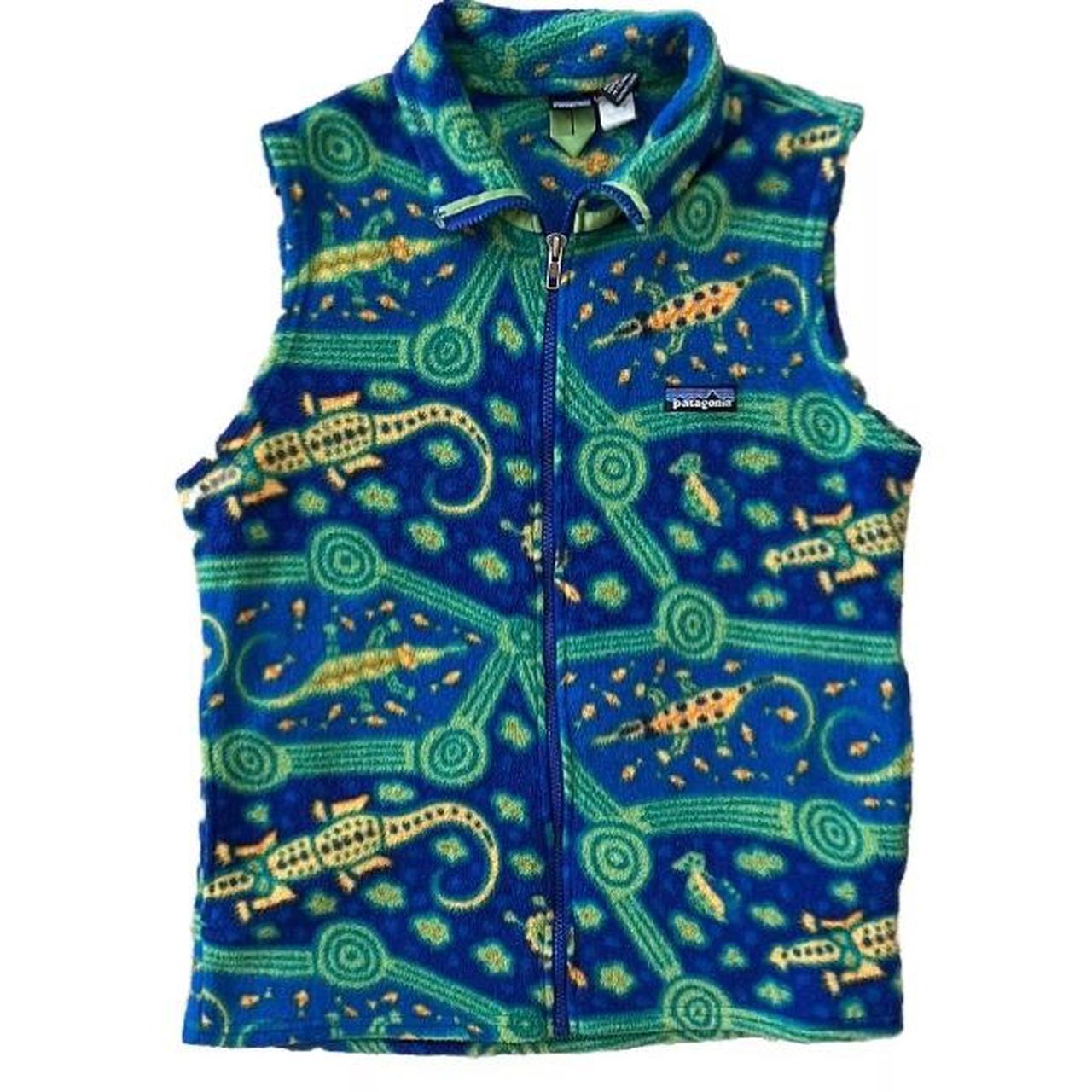 Rare Vintage 1998 PATAGONIA Synchilla Crocodile Alligator Lizard Abstract high quality Blue Green Fleece Kids 10