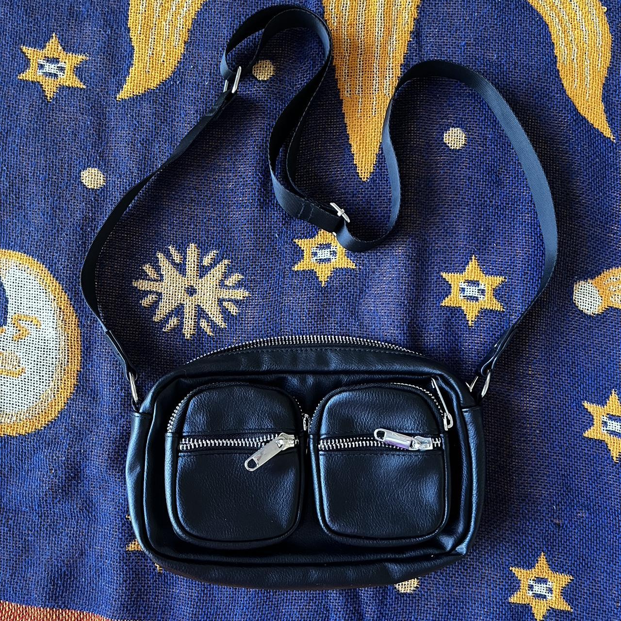 Mini black leather silver cross body bag/fanny... Depop