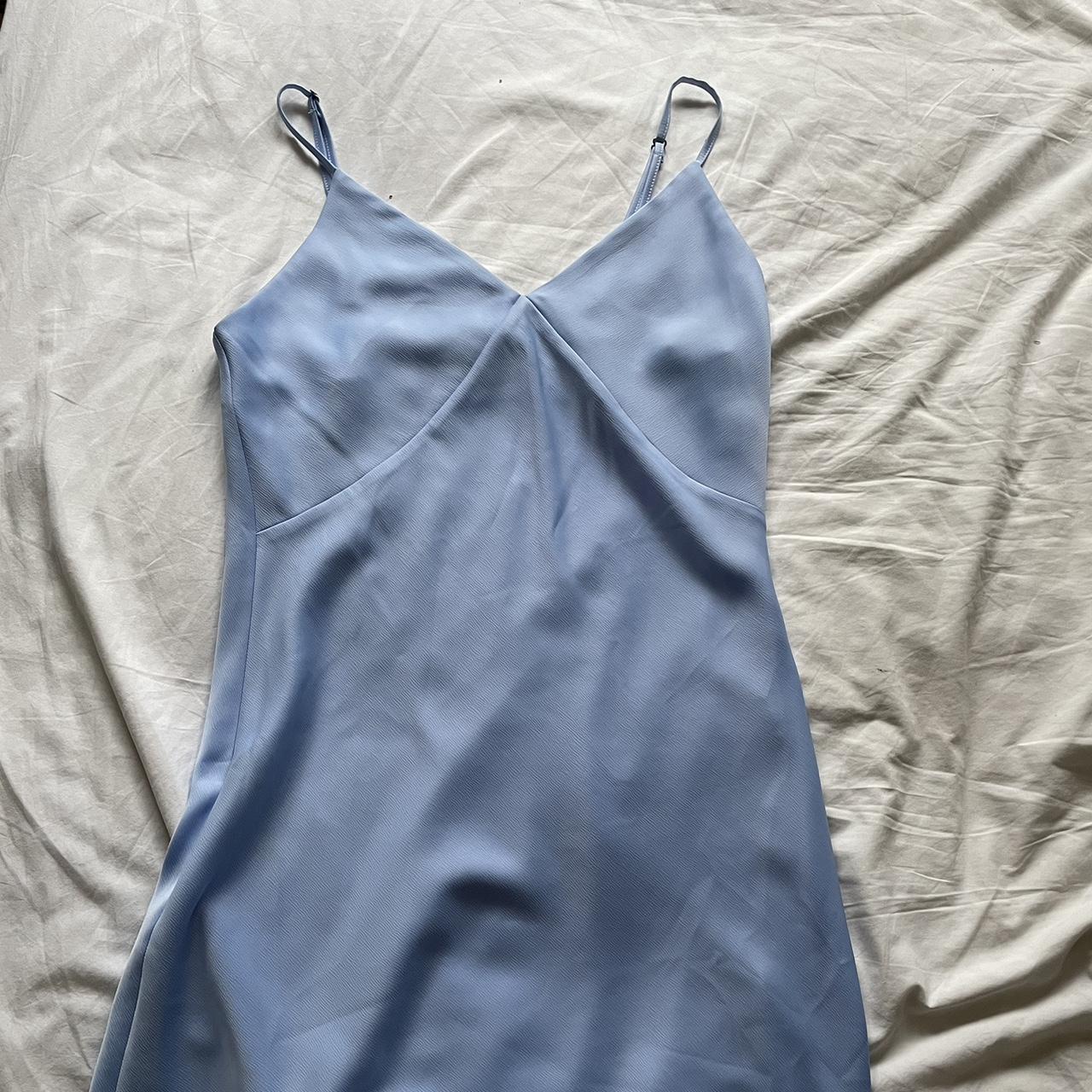 baby blue faux silk mini dress with side zip and... - Depop