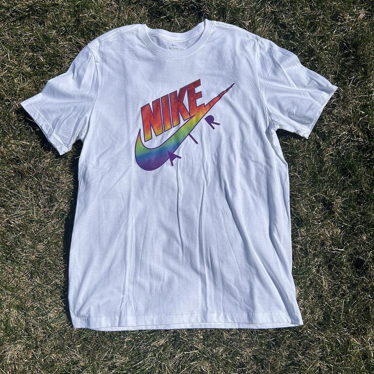 Nike white tee with rainbow printing🌈 large... - Depop