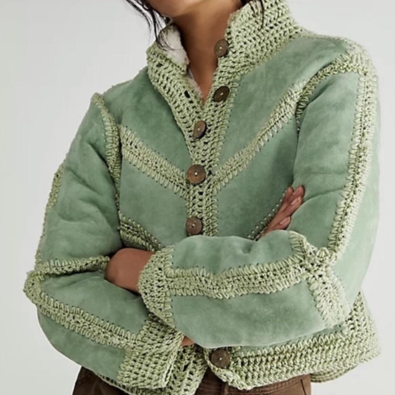 Free People Adele Crochet Jacket. This sea-foam | Depop