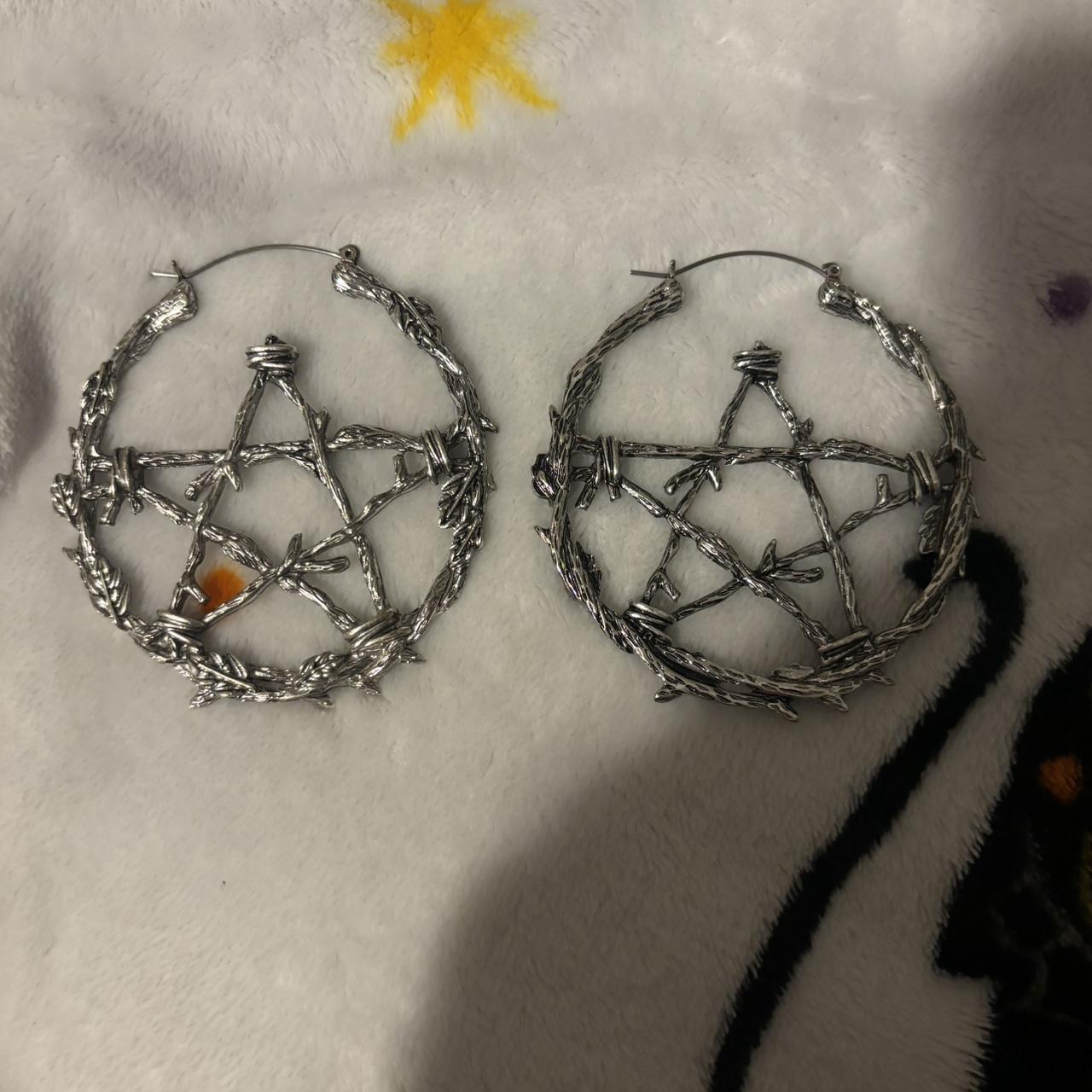 spirit halloween pentagram wood hoops and baphomet... - Depop