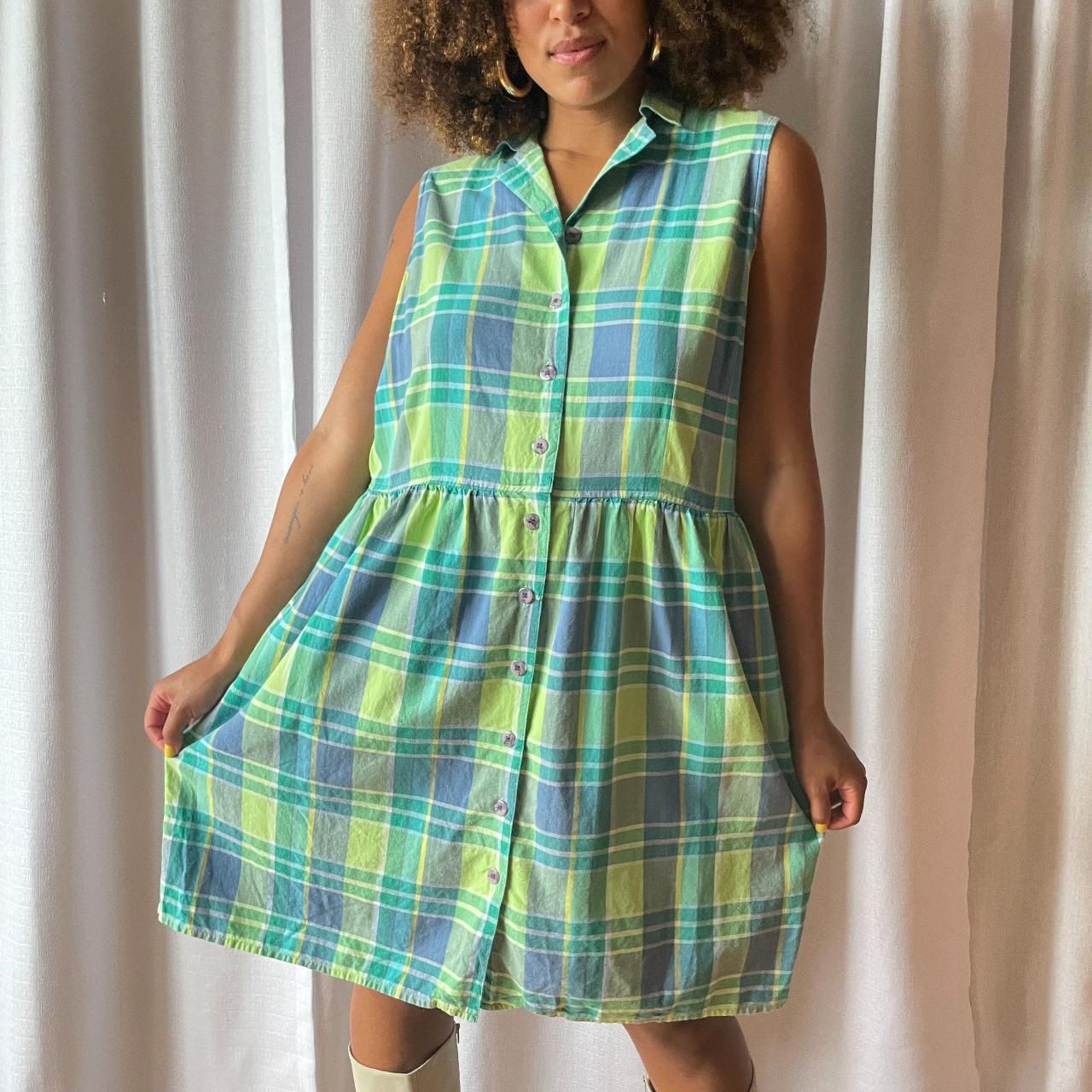 80s Dress Plaid Button Down Dress Blue Turquoise