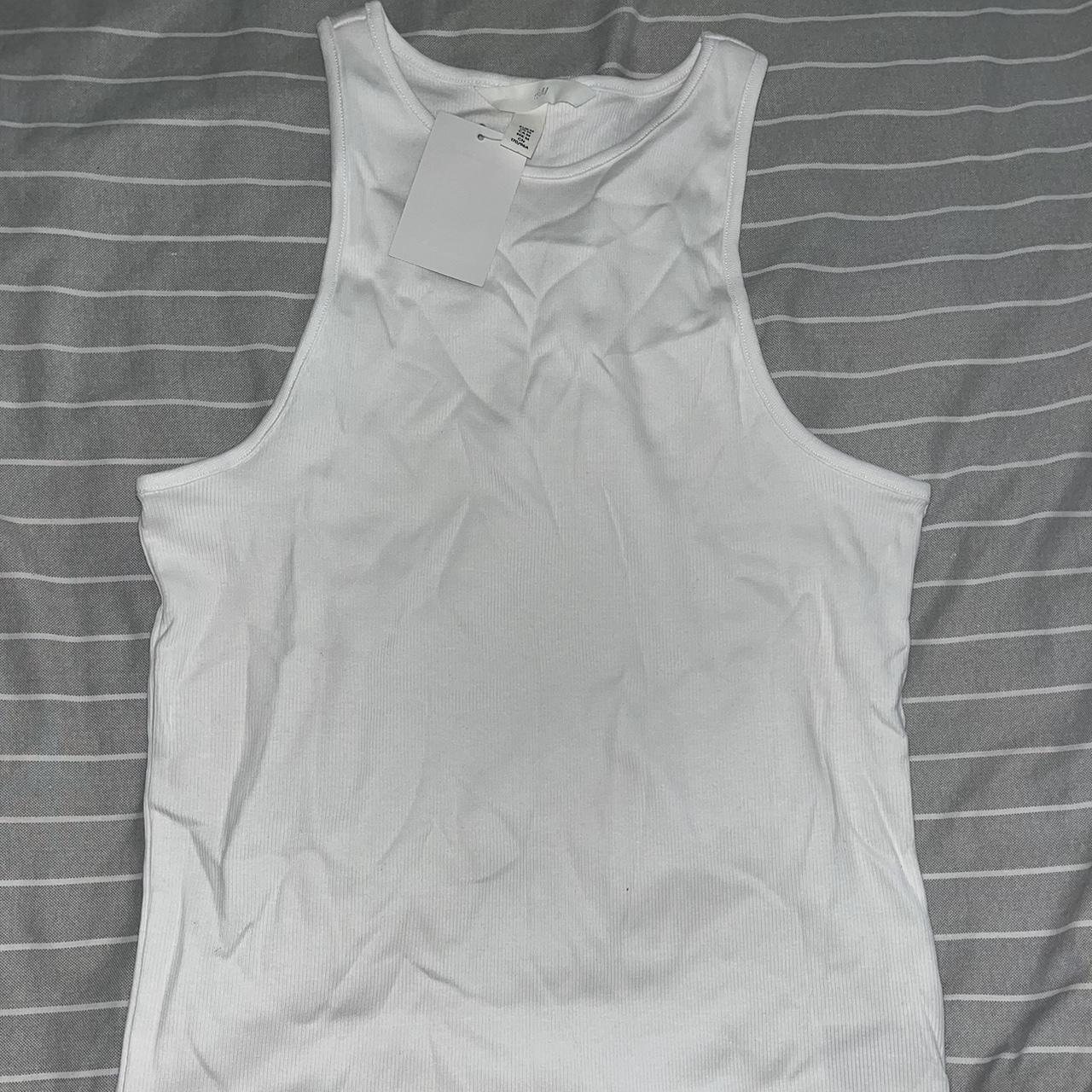 H&M white ribbed racer neck vest top. Size medium.... - Depop