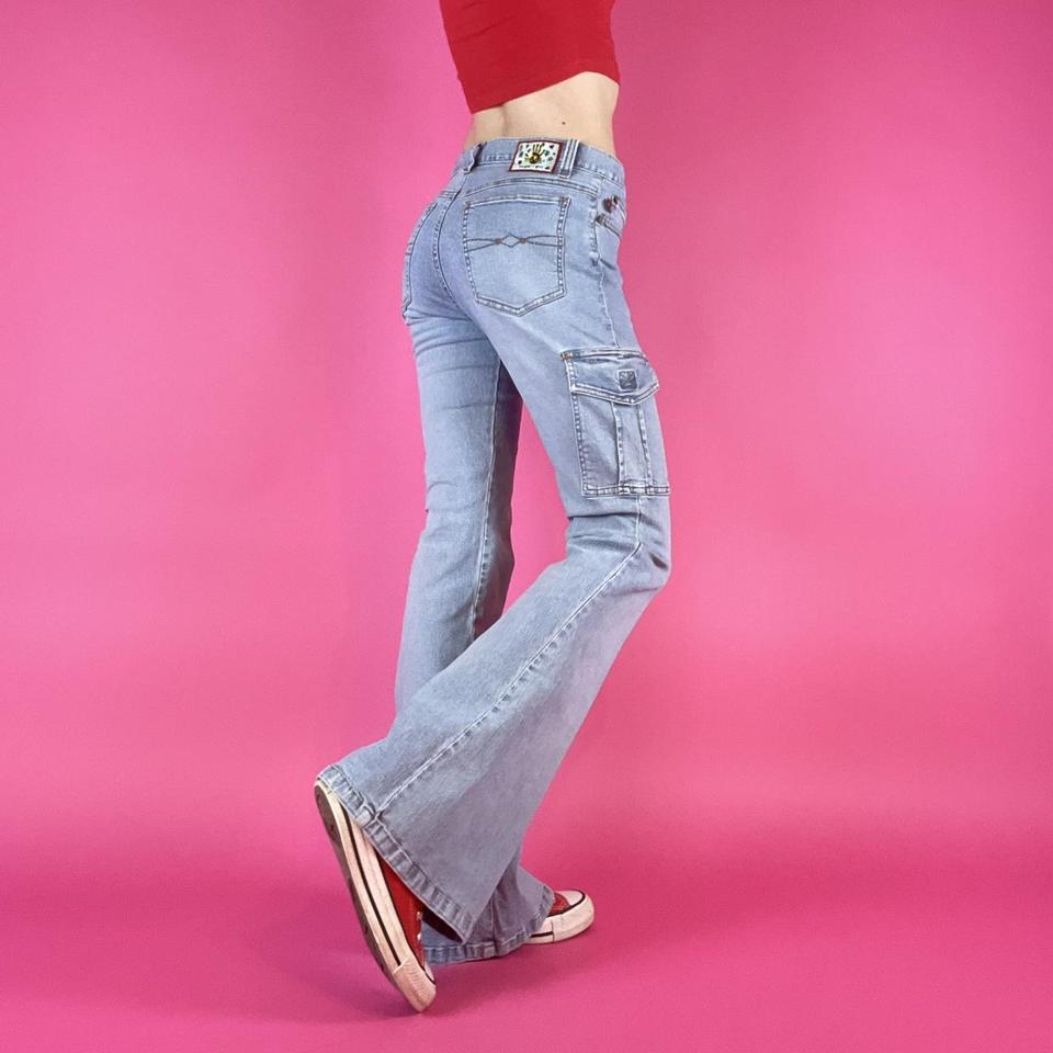 vintage light wash mid rise cargo flare jeans by... - Depop