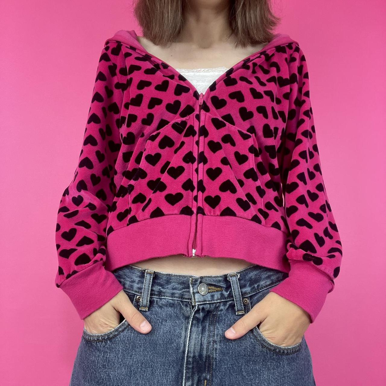 velour pink & black heart print zip up hoodie by... - Depop