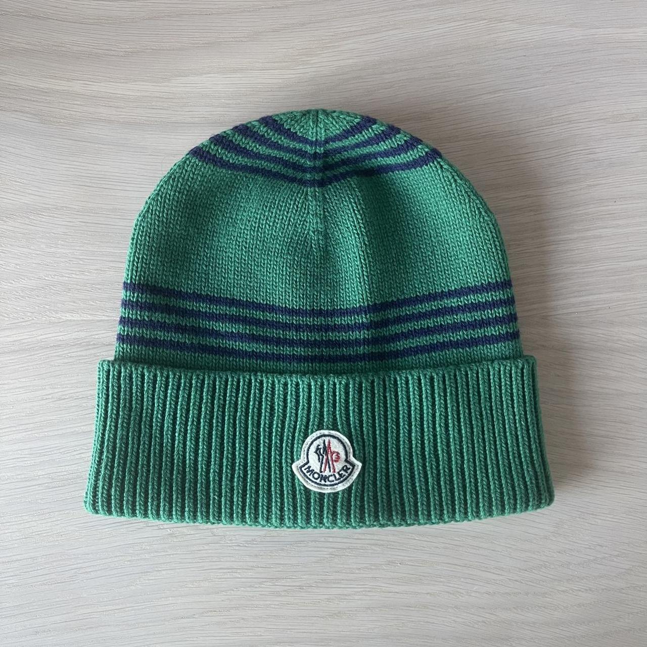 MONCLER Wool Bicolor Stripe Logo Beanie in Green and... - Depop