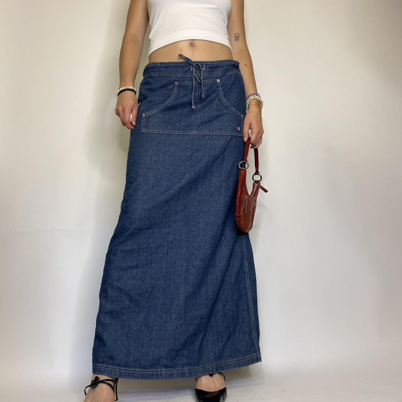 Denim kangaroo pocket cargo maxi skirt with back leg... - Depop