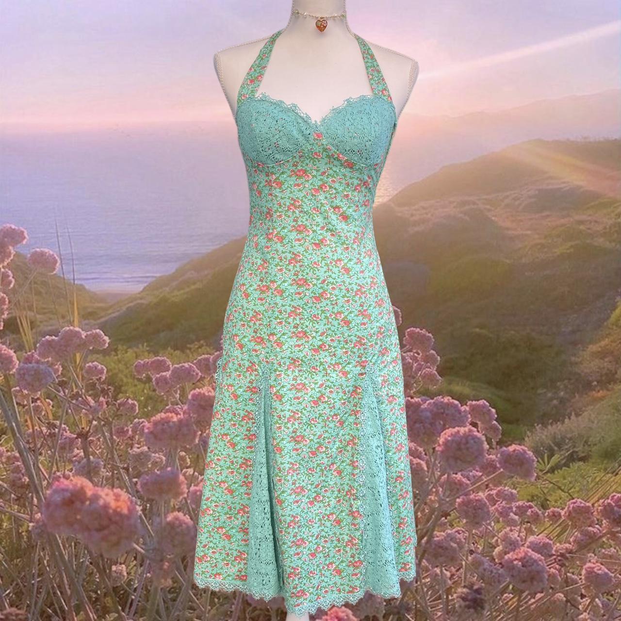 Betsey Johnson Women's Green and Pink Dress | Depop