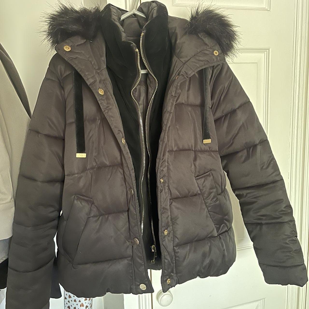 BLACK RIVERISLAND HOODED FUR COAT SIZE 8 paid £90 PLT - Depop