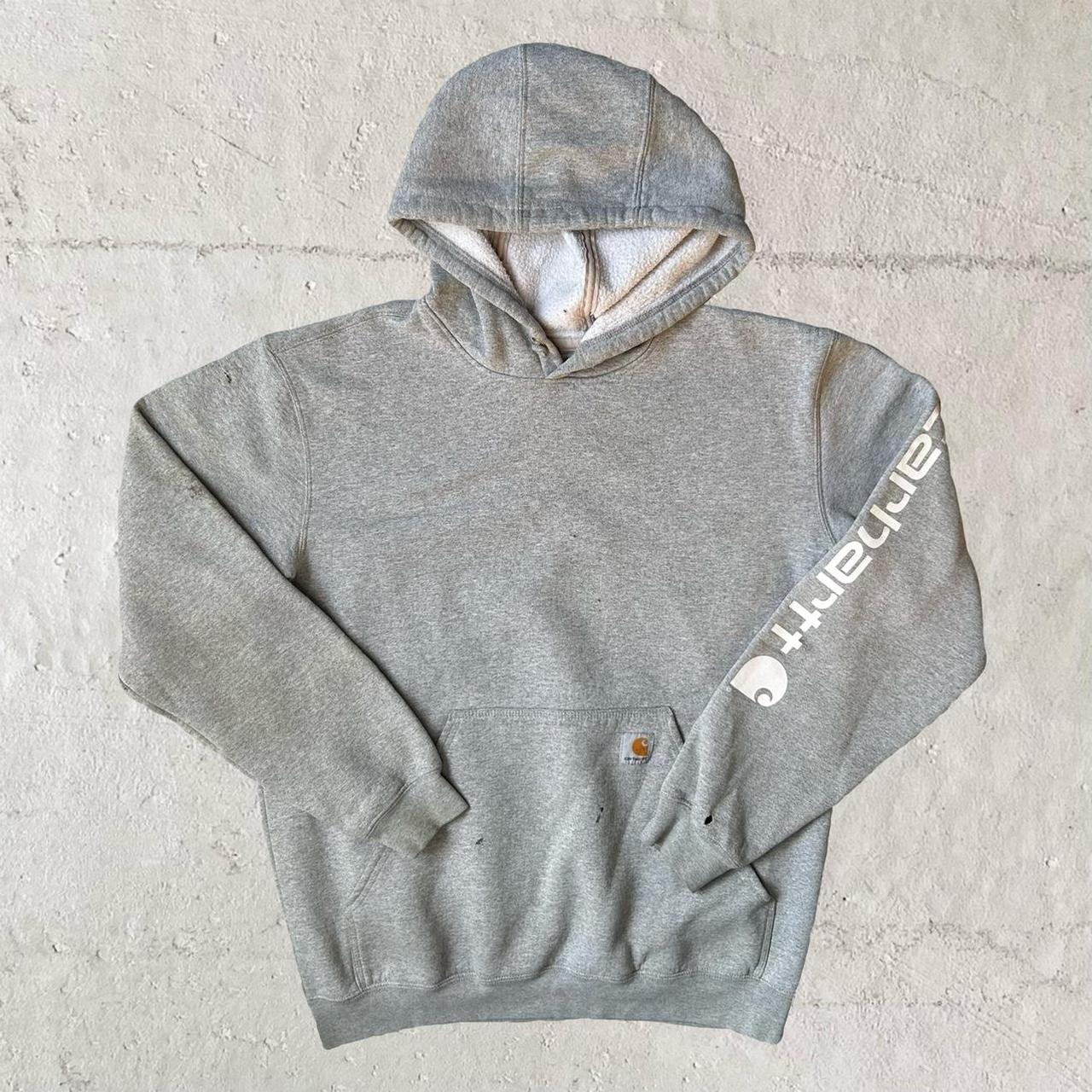 carhartt distressed grey carhartt work hoodie... - Depop