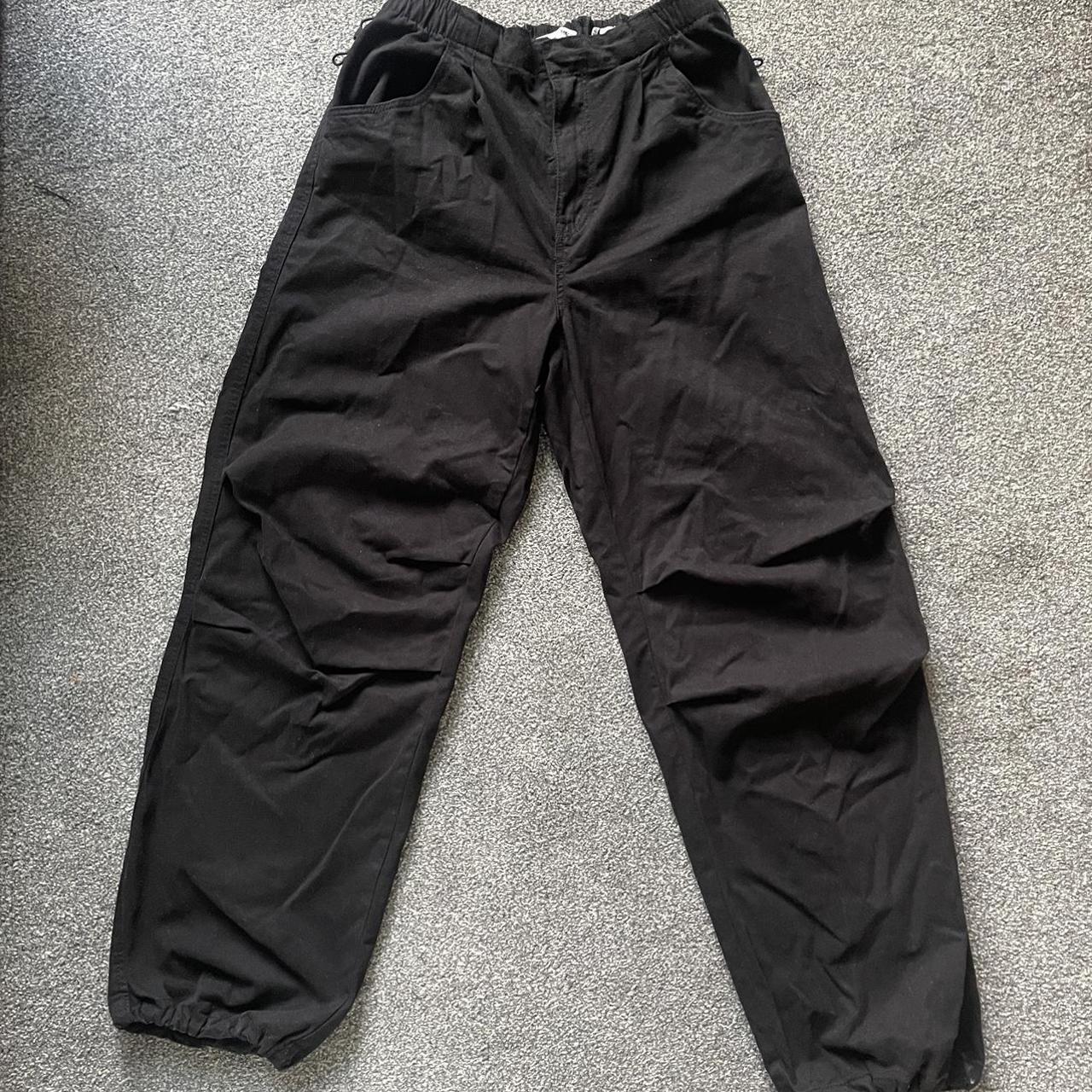 Bershka Parachute Pants in Black Size: medium... - Depop