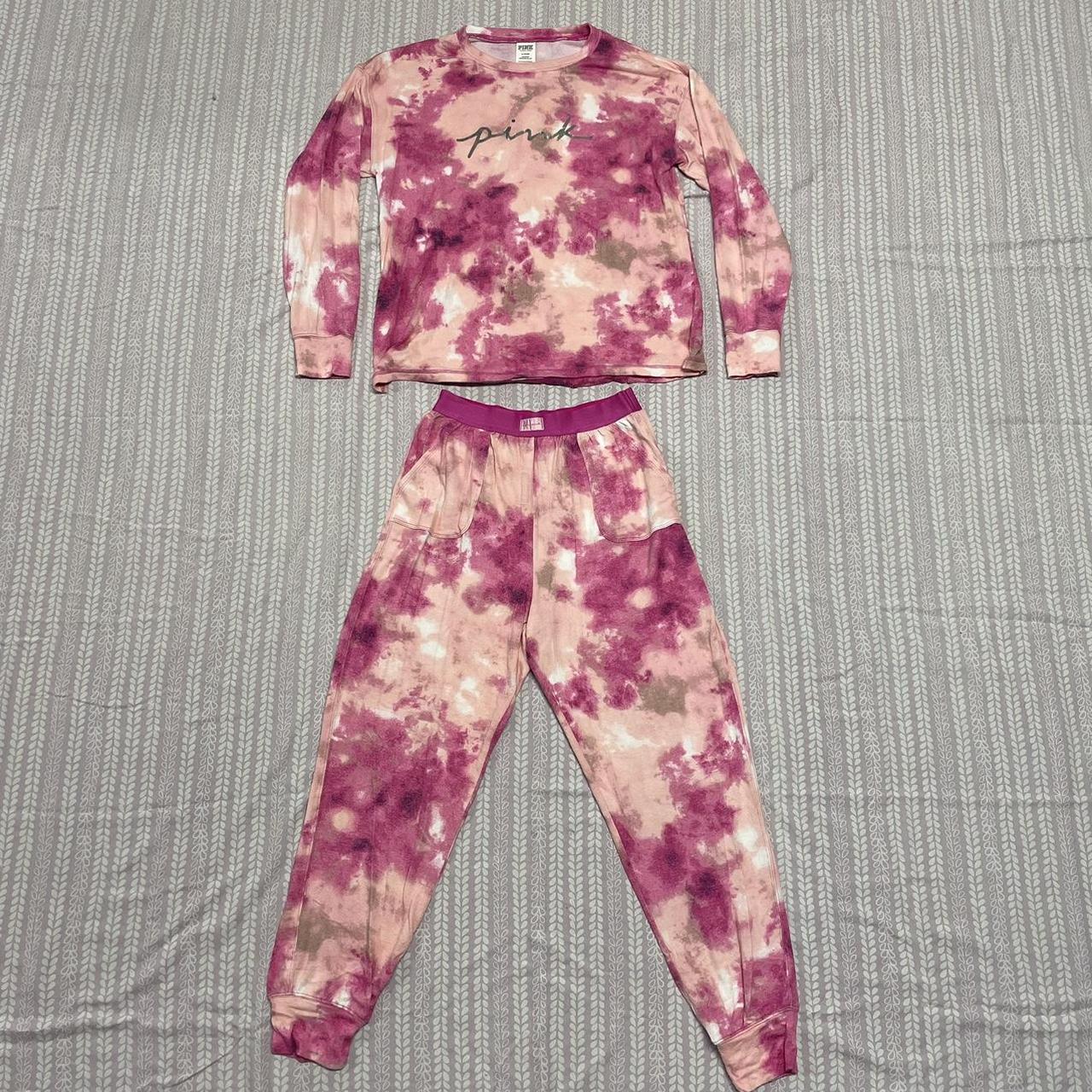 victoria-s-secret-women-s-pink-and-white-pajamas-depop