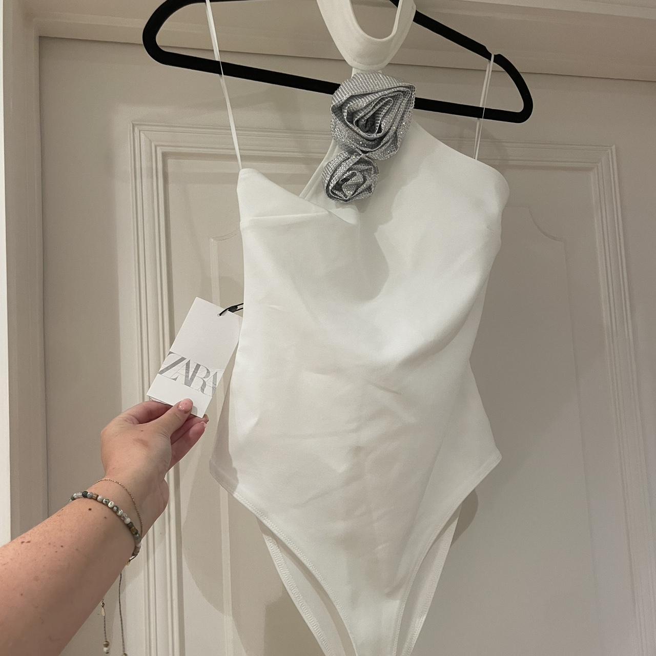ZARA NEW WOMAN SS24 WHITE RHINESTONE FLORAL HALTER | Depop