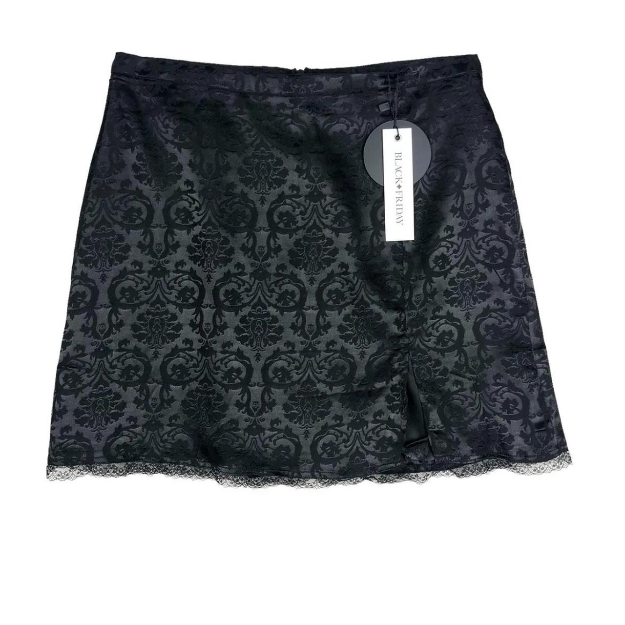 Black satin lace mini slip skirt - size 12 from... - Depop