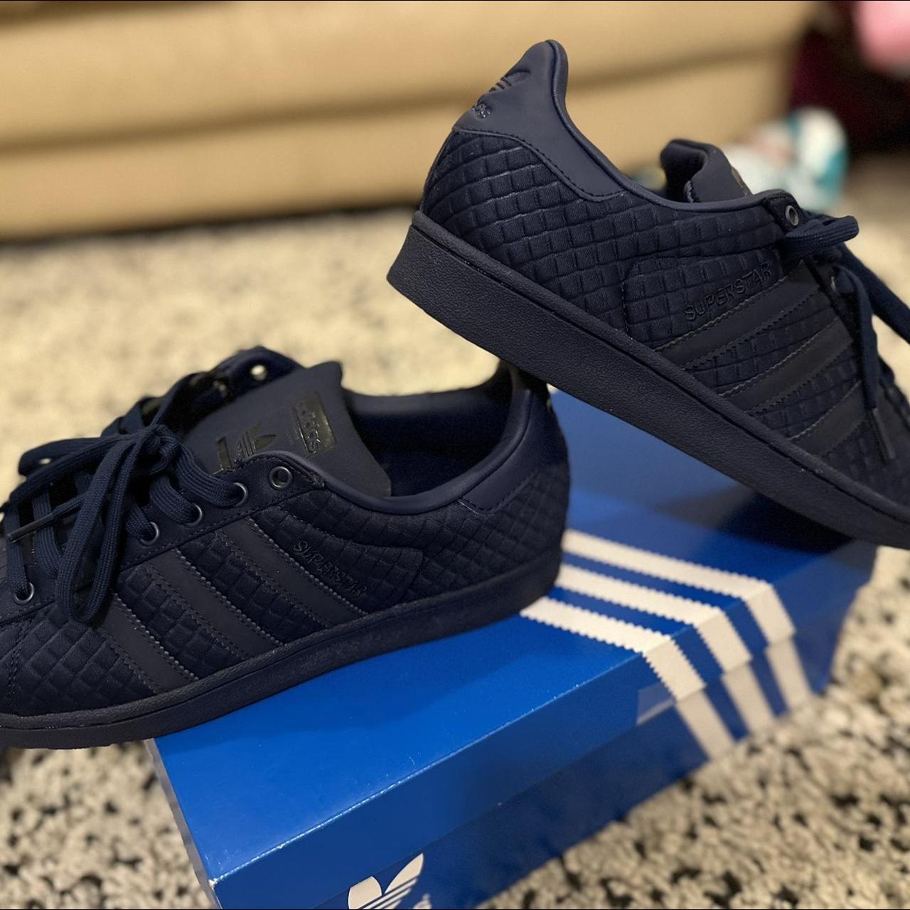 Adidas superstars navy blue with original box 100%... - Depop