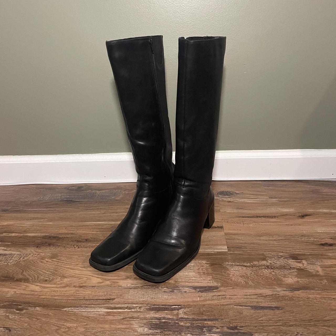 Vintage knee high leather boots. Square toe, zipper... - Depop