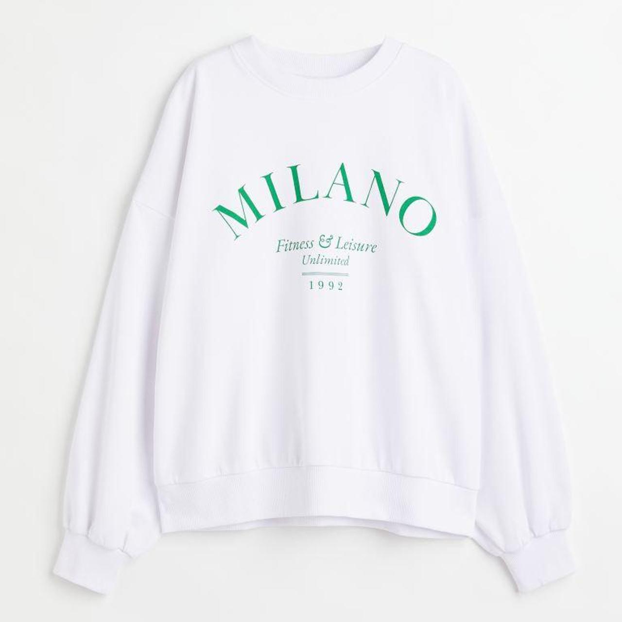 H M white sweatshirt with green Milano slogan Worn