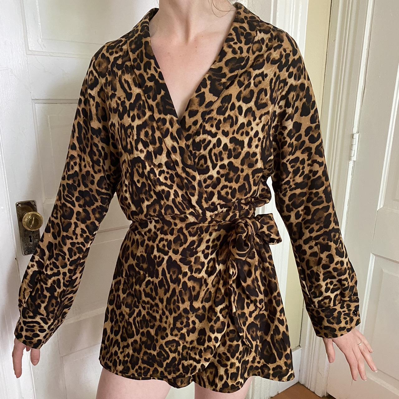 Leopard Print Romper, Long Sleeve Wrap Top, Side