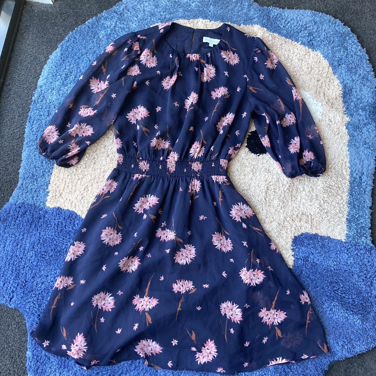 Warehouse floral dress in navy blue and pink. Size... - Depop