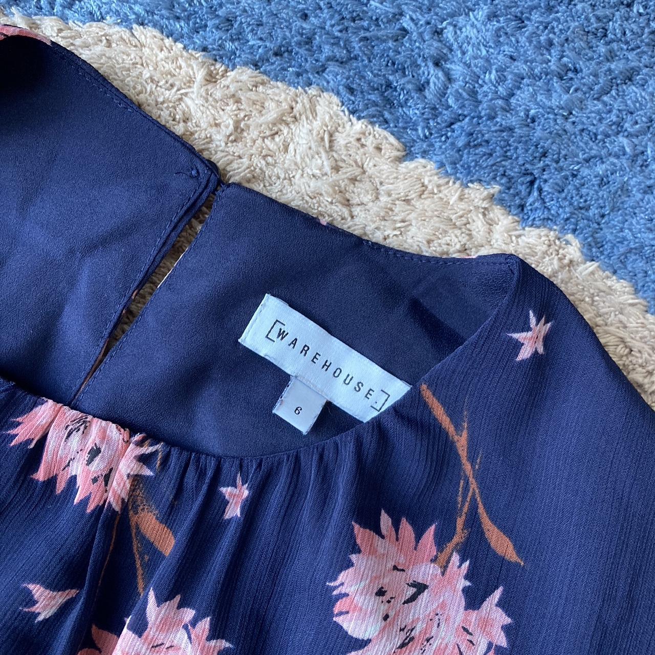 Warehouse floral dress in navy blue and pink. Size... Depop