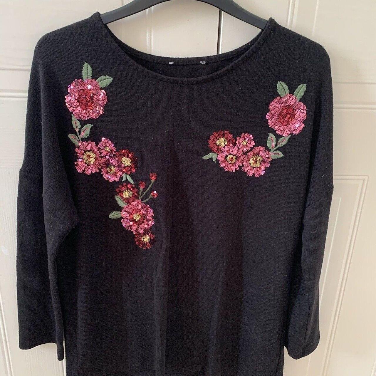 Thin black long sleeved jumper with pink roses F&F... - Depop