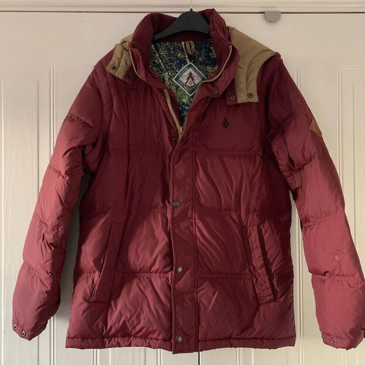 Burgundy puffer hooded jacket down feather... Depop