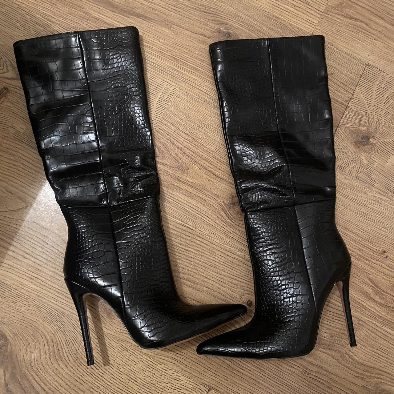 Leather Look Croc Print Pointed Heeled Boots Never... - Depop