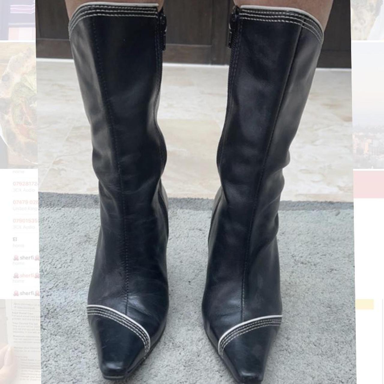 Black leather calf boots cream stitching... - Depop