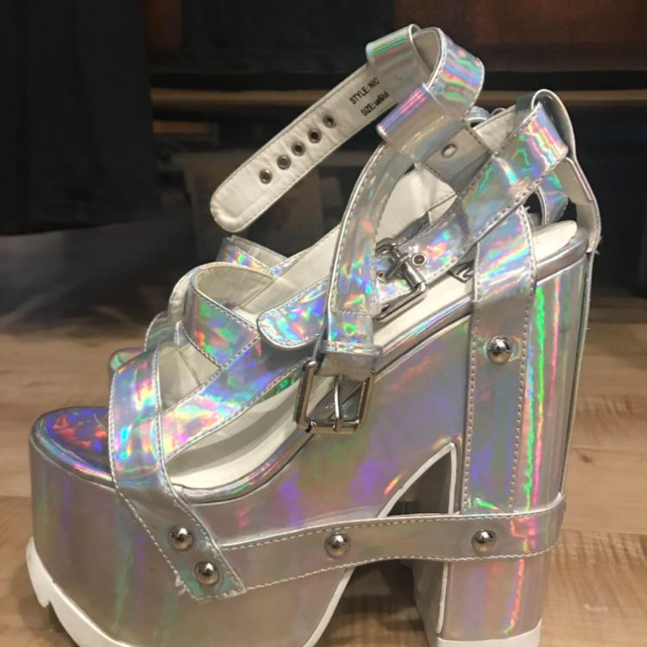 Holographic Metallic Platform Sandals from Littlepinko | Metallic platform  sandals, Holographic heels, Heels