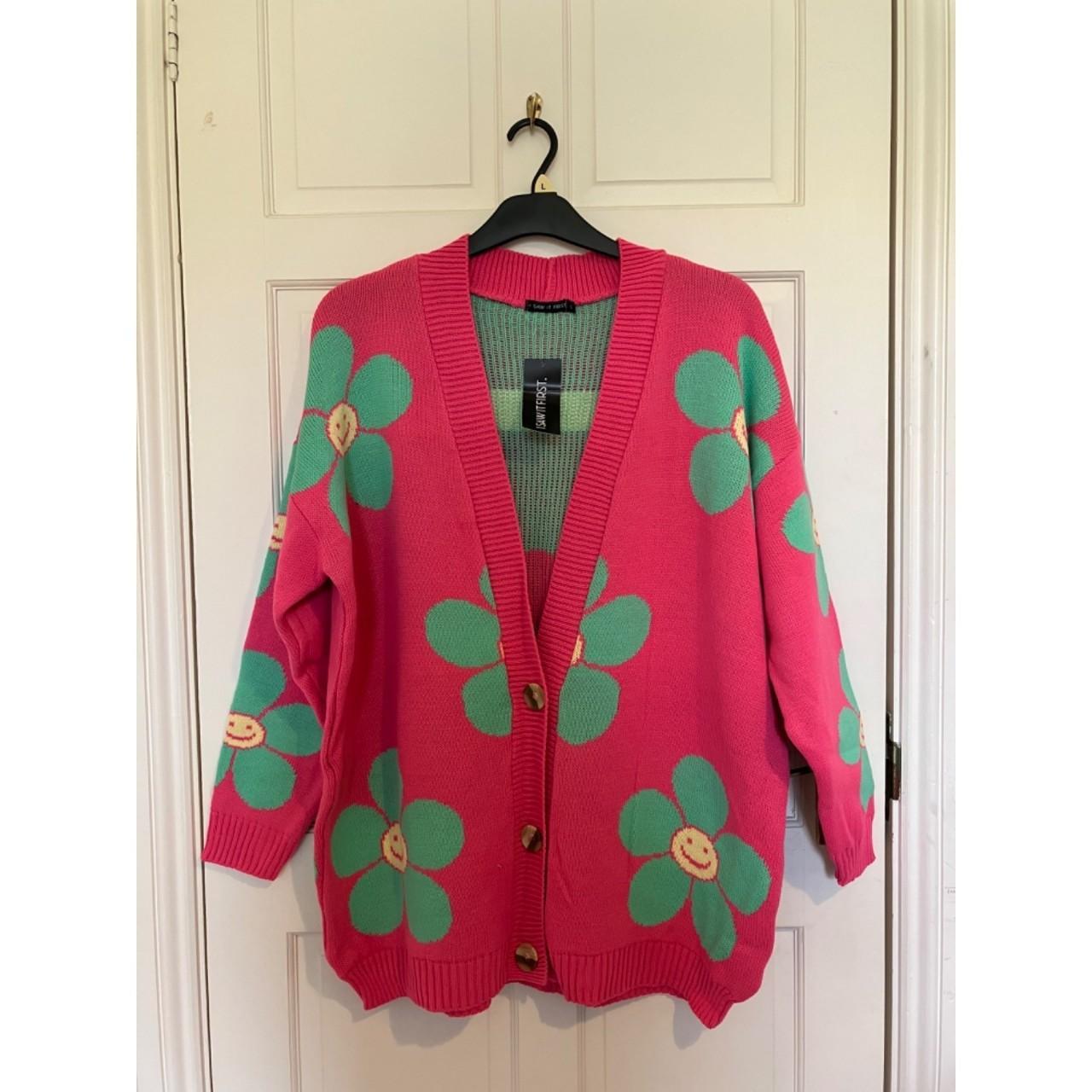 Pink and green smiley flower cardigan. Size S, BNWT.... Depop