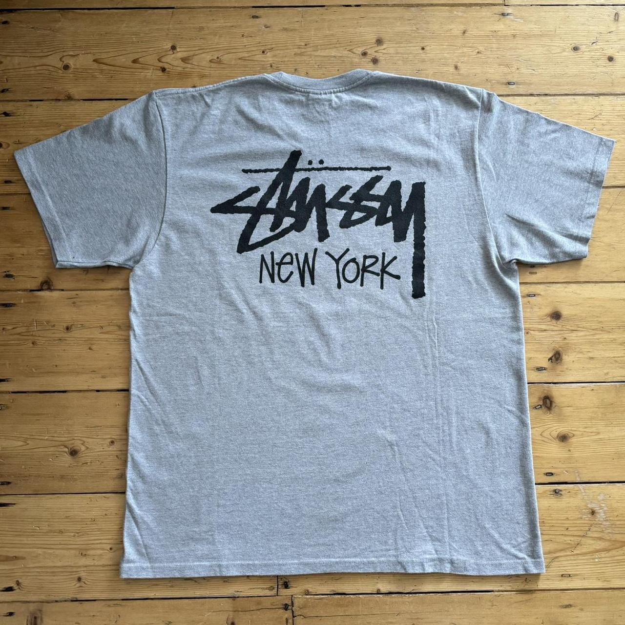 Stussy New York Chapter Grey Script Box Logo T-Shirt | Depop