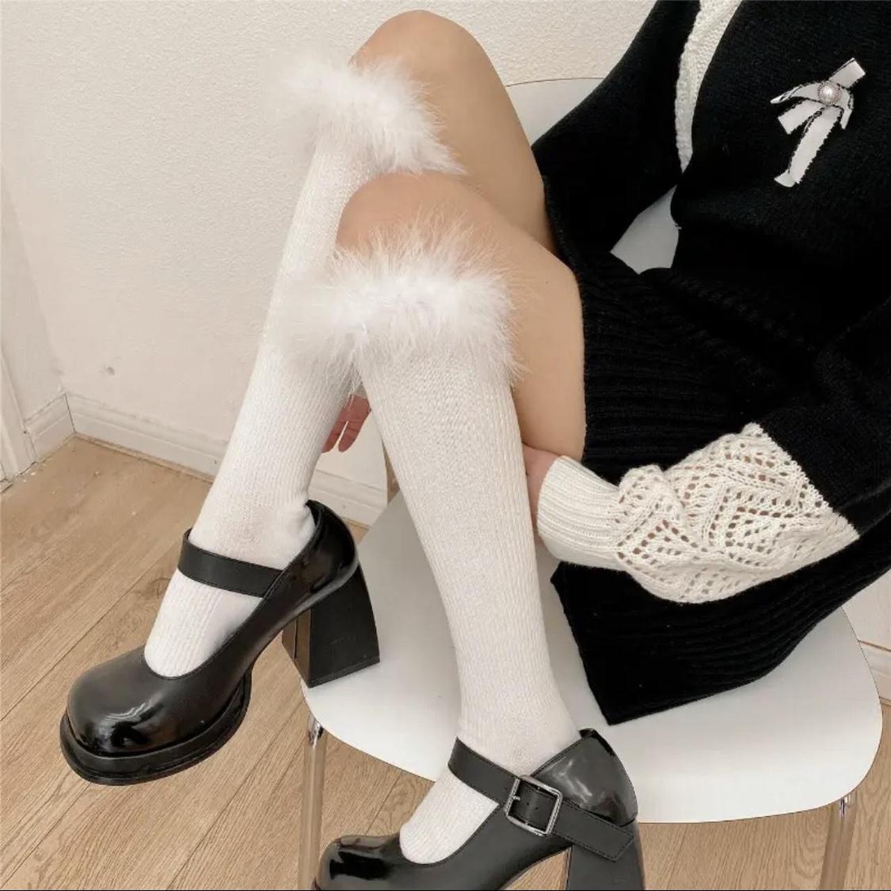 🎀 Fluffy Knee High Socks In Black or White. Lolita,... - Depop