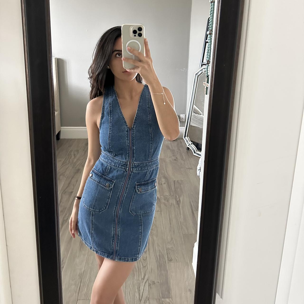 forever 21 70s inspired denim zip up mini dress Depop