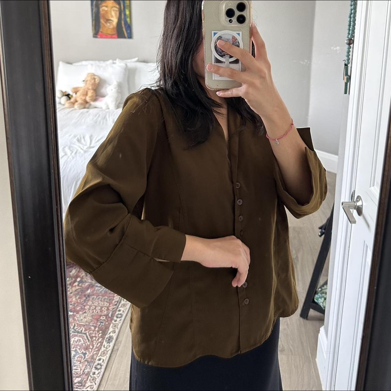 brown slouchy button down top size petite large;... - Depop