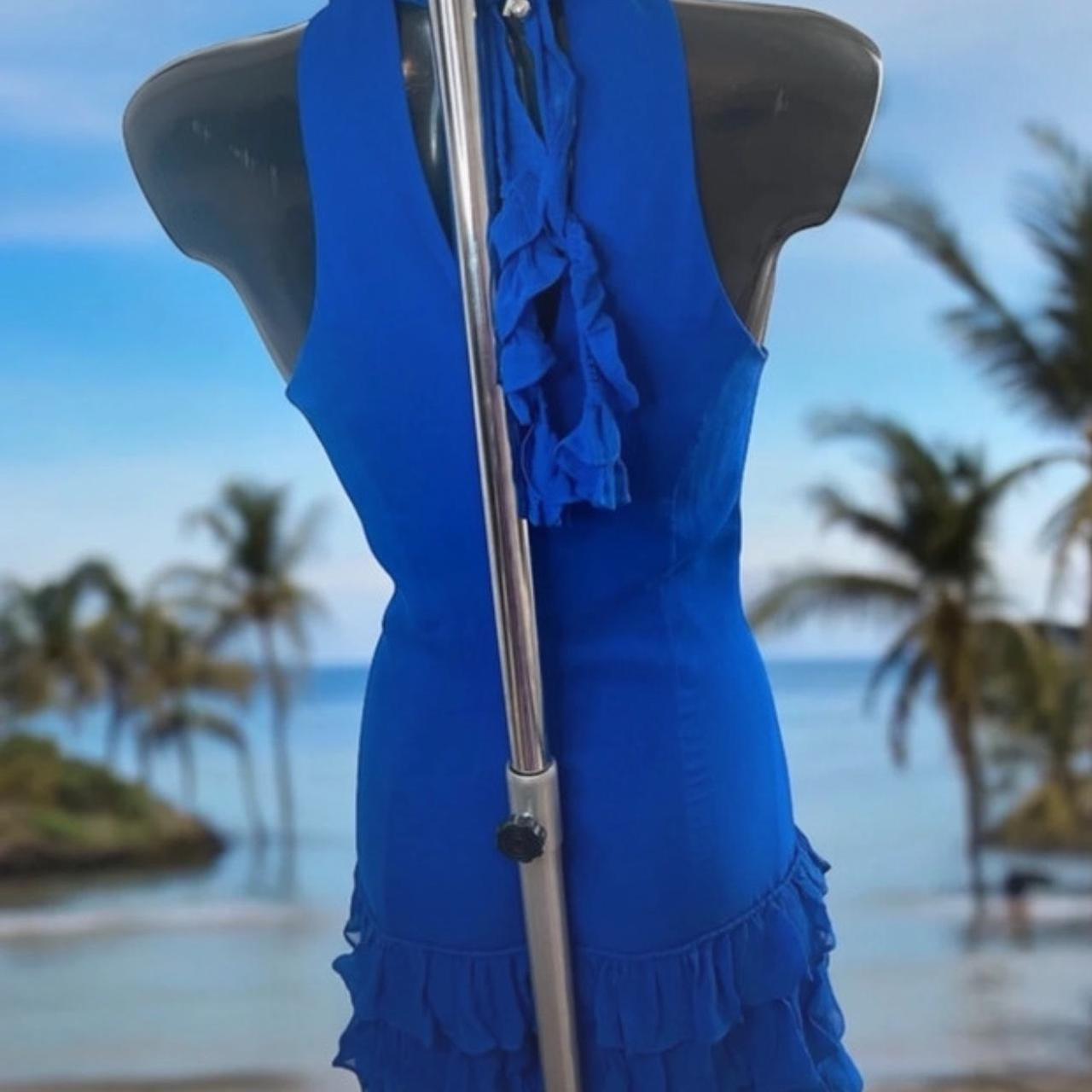 関送込【KAREN MILLEN】プチフローラルホルターディアマンテ Y2K Blue Ruffle Dress: As Seen on Blair Waldorf in | Depop