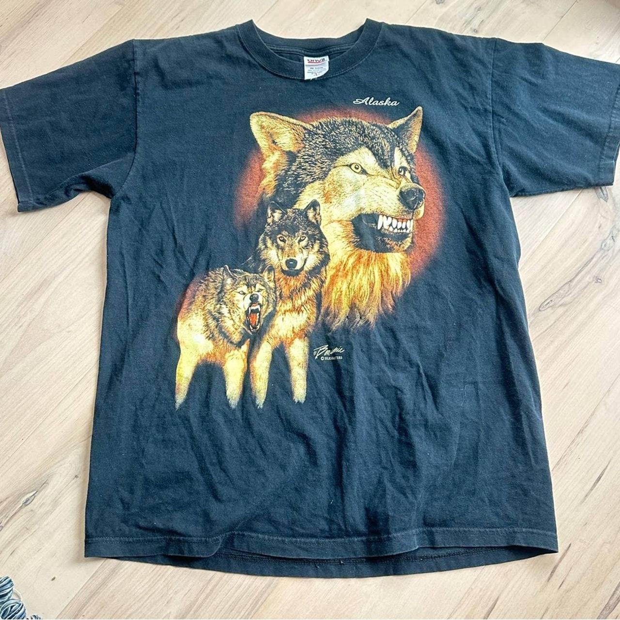 Vintage 90 Y2K Destination Wolf Tee Alaska Size... - Depop