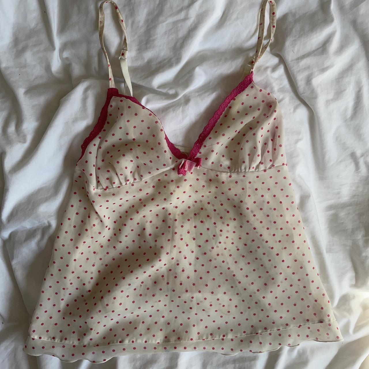 Sheer white pink polka dot cami with ribbon bow... - Depop