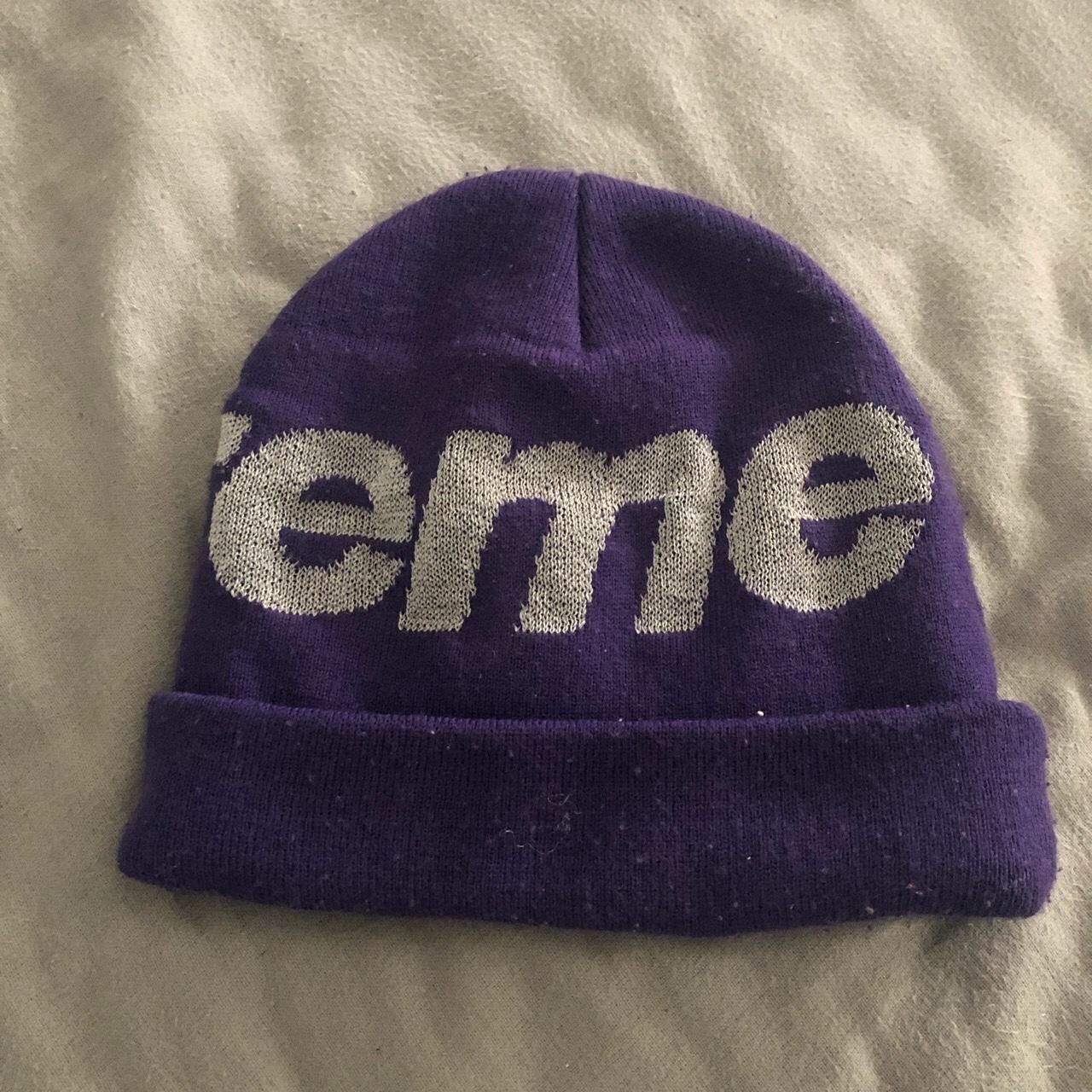 Purple Big Logo Reflective Supreme Beanie - Depop