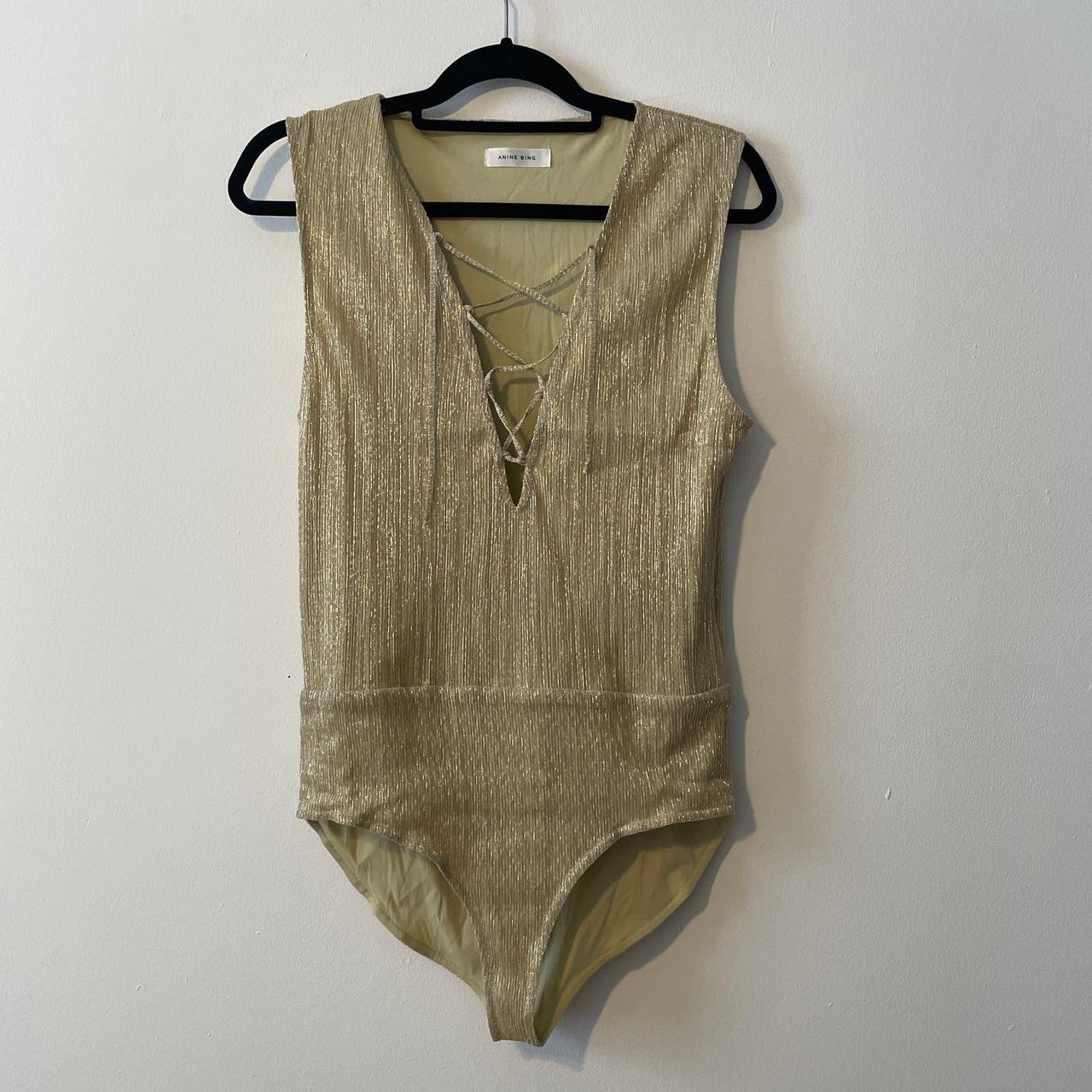 Anine Bing Gold Metallic Lace Up Bodysuit Sz L Depop