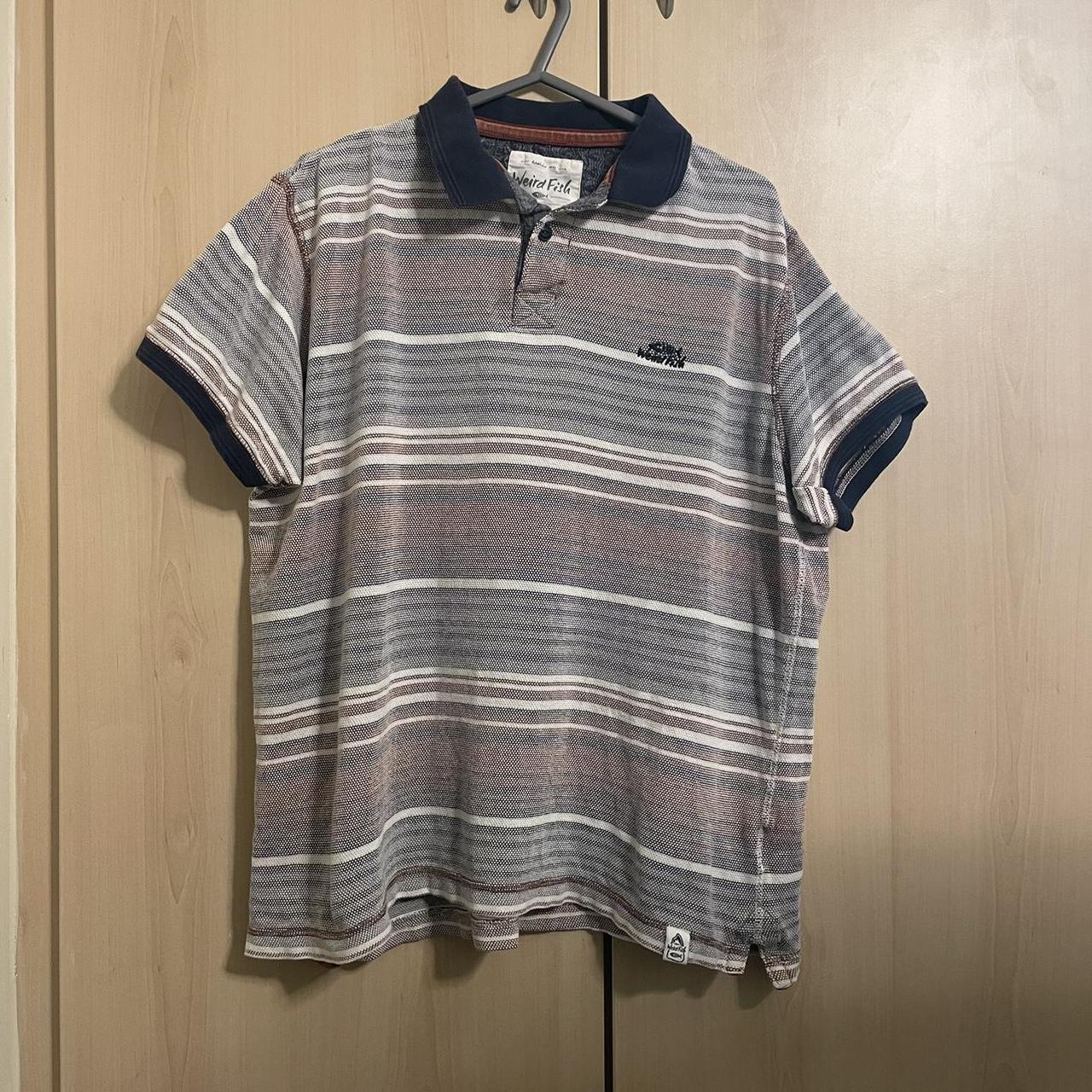 Weird fish ‘inside out’ red white and navy polo... Depop