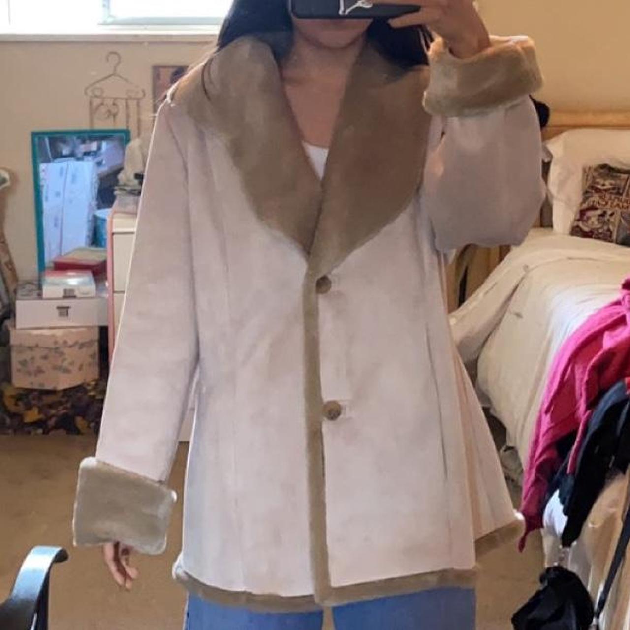 vintage 90s suede faux fur beige fur trim coat... - Depop